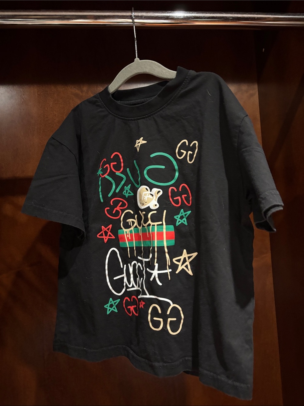 Gucci Black Kids Tee with Multicolor Logo Graffiti